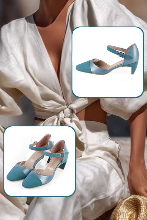 Women's peacock blue open side dress shoes, with an instep strap. Round toe. Medium comma heels - Top view